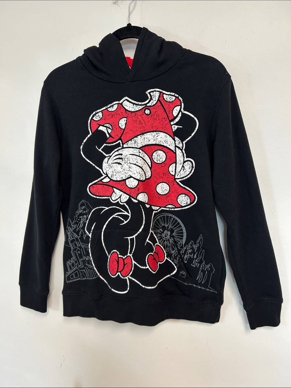 Disney Parks Distressed Minnie Mouse Character Graphics 3D Ears Hoodie Womens M